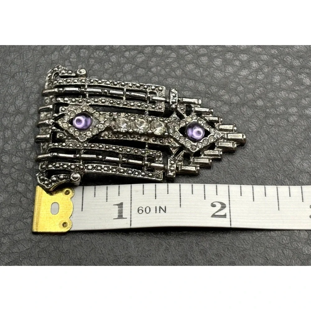 Vintage Art Deco Style Silver Tone Brooch Purple Amethyst Rhinestone Pin